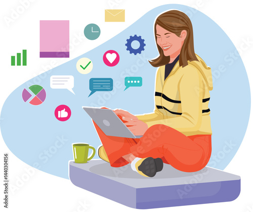 Woman working in laptop, online course and training, businesswoman illustration