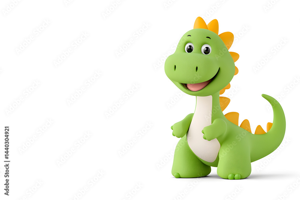 Obraz premium 3d green cute cartoon dinosaur with smile isolated on white background