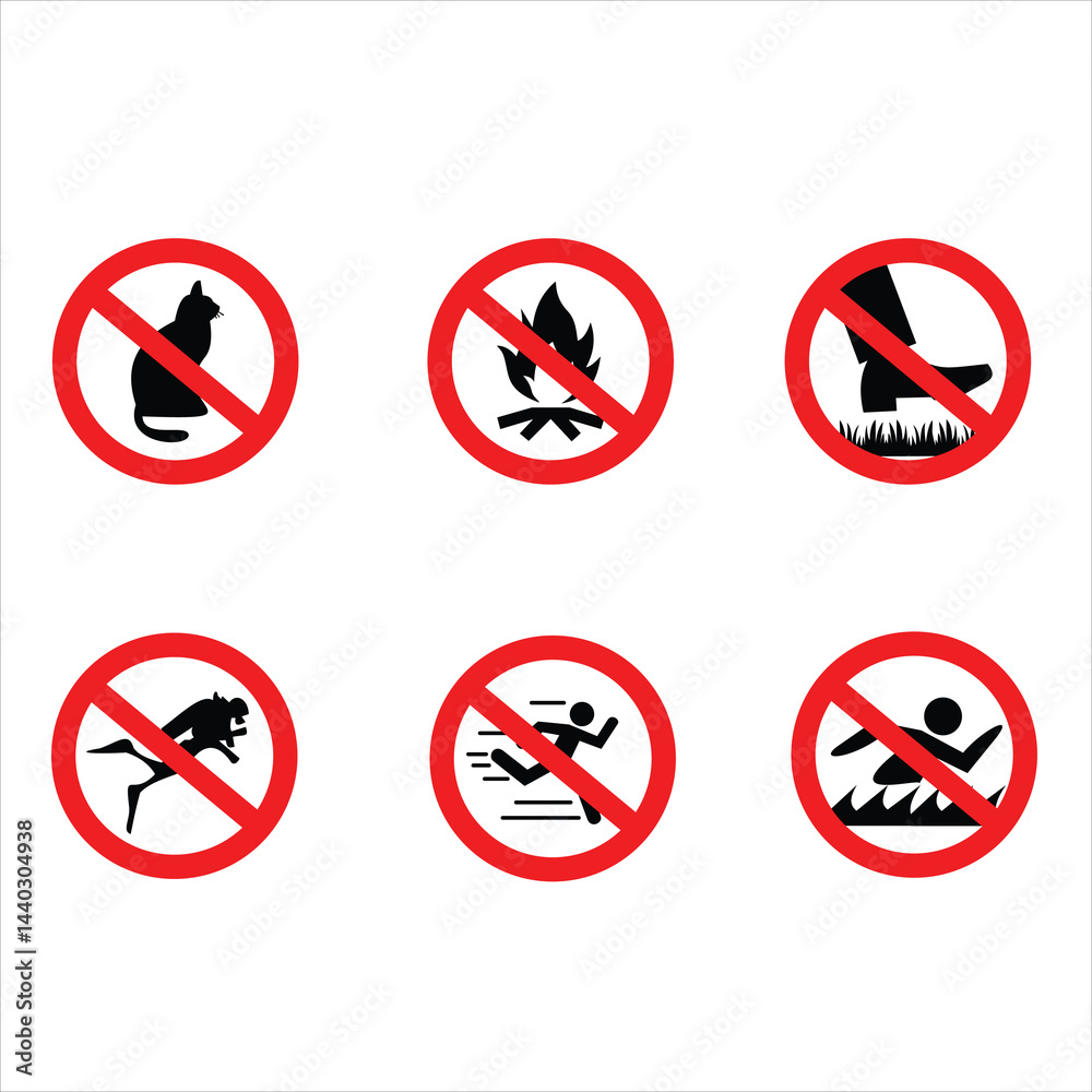 Warning set icon cat, fire, stepping on grass, swimming, diving Warning set icon cat, fire, stepping on grass, swimming, diving