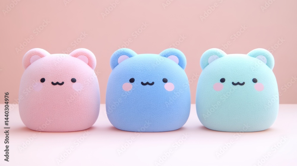 Three cute, soft plush toys in pastel colors, featuring adorable bear-like faces, set against a light pink background, Ideal for marketing children's products, toys, or cute stationery, Three cute, soft plush toys in pastel colors, featuring adorable bear-like faces, set against a light pink background, Ideal for marketing children's products, toys, or cute stationery,