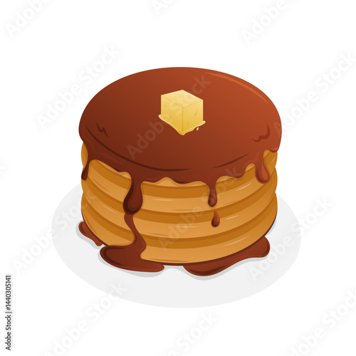 Delicious stack of pancakes topped with syrup and butter