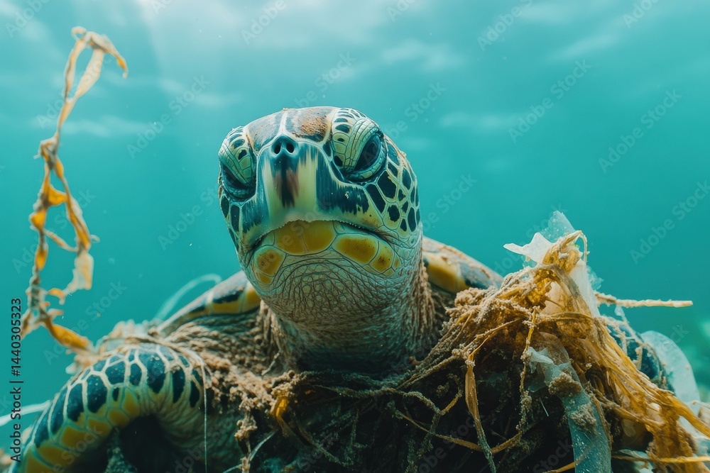 Obraz premium Sea turtle entangled in ocean plastic and debris facing the camera with a worried expression