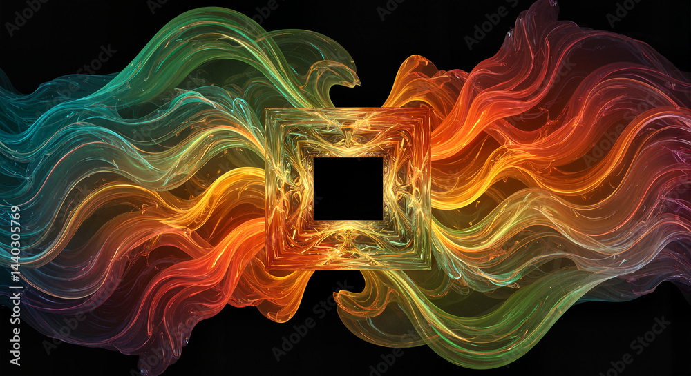 Abstract colorful waves emanating from a central square