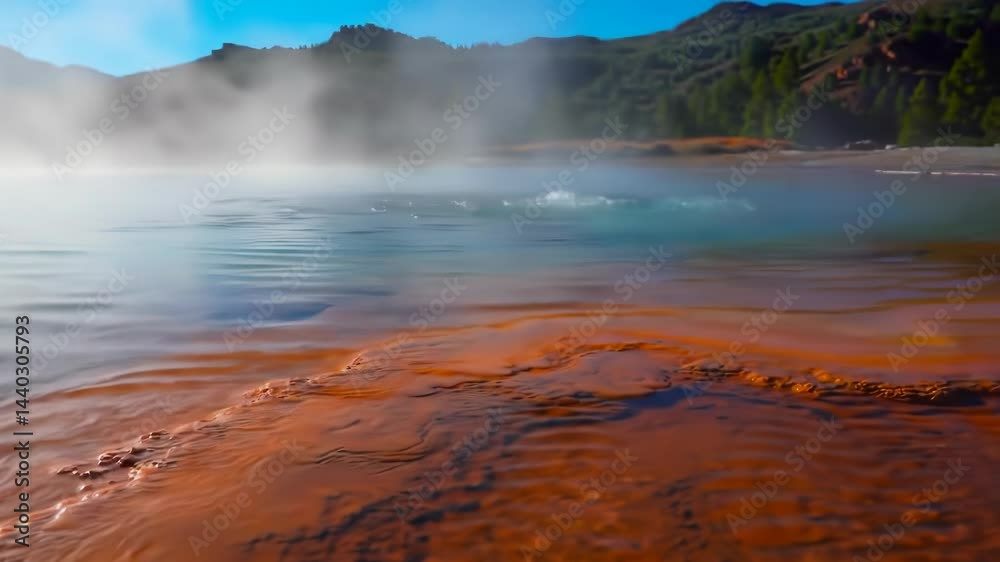 Geothermal Hot Spring with colorful mineral deposits and rising vapor in Iceland Geothermal Hot Spring with colorful mineral deposits and rising vapor in Iceland