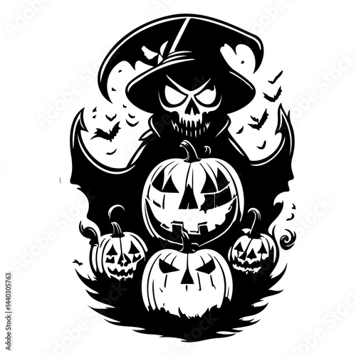 Eerie halloween specter looming amidst pumpkins and shadowy bat silhouettes