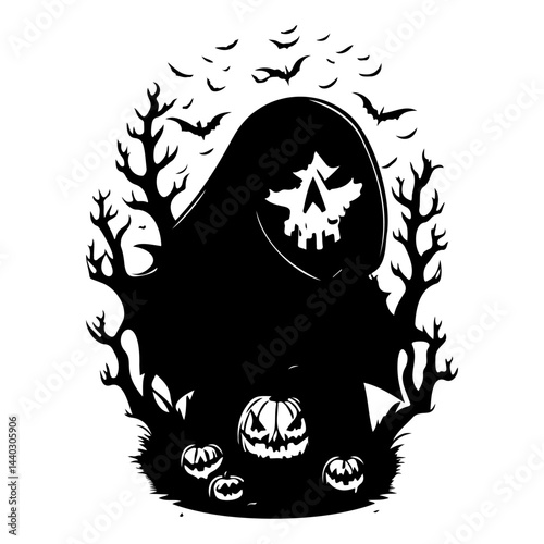Eerie halloween silhouette composition with hooded figure and festive pumpkins