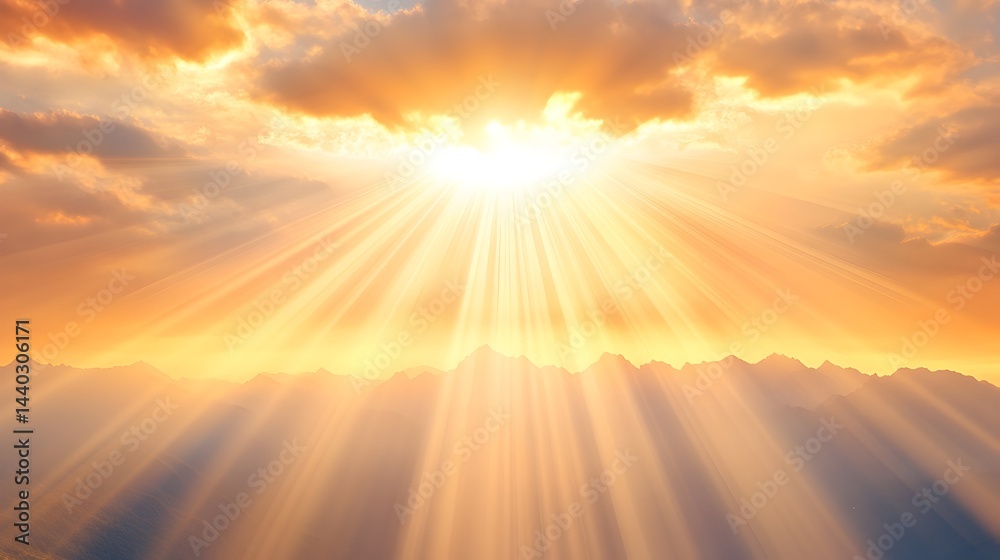Fototapeta premium Radiant sunrise illuminates mountainous landscape with sun rays piercing through clouds