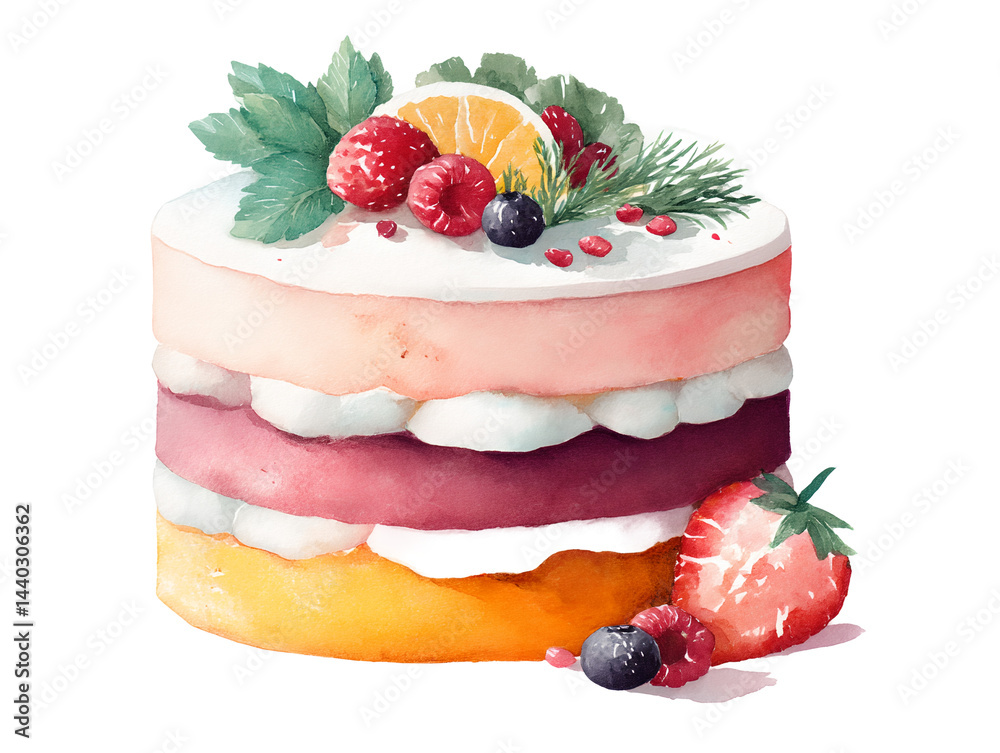 A cake with strawberries and blueberries on top