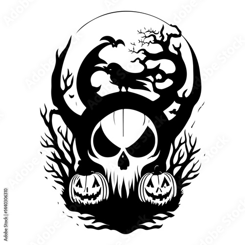 Spooky Silhouette: Halloween-Themed Skull with Pumpkins and Eerie Tree Design