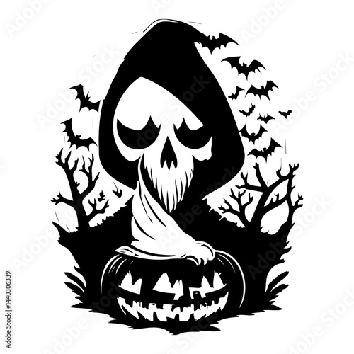 Eerie halloween reaper figure amidst bats and pumpkin for spooky designs