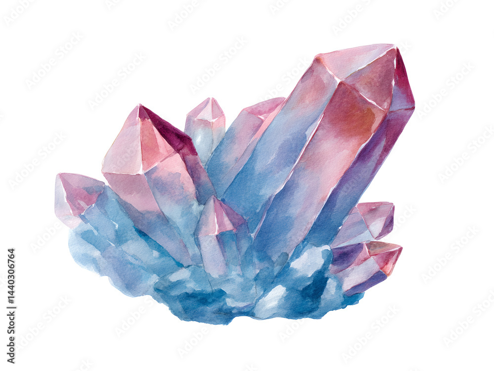 A watercolor painting of a crystal with a blue and pink hue