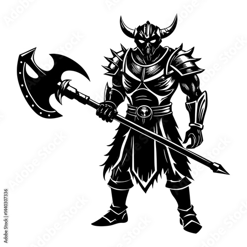 Download Warrior Holding A Large Axe With Anger   Silhouette Vector Illustration White Background Svg File For Design.