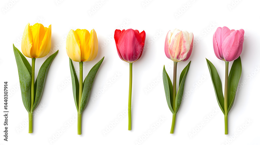 Fototapeta premium Collection of fresh colorful tulip flowers bouquet isolated on white background