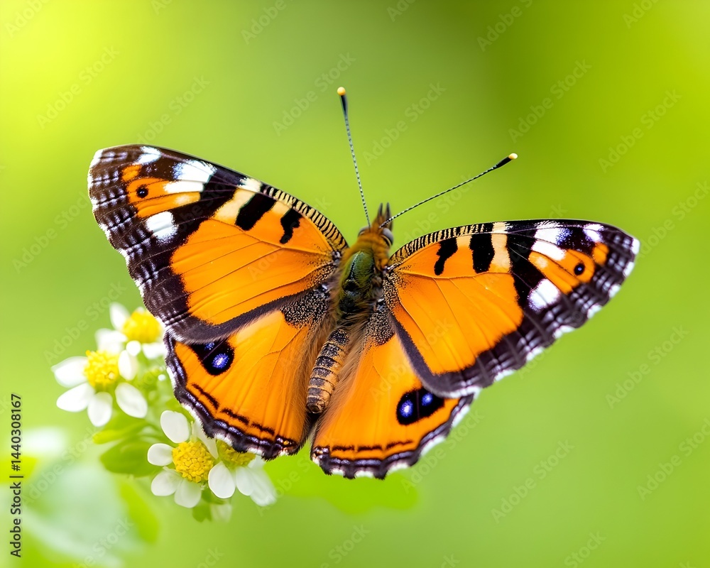 Fototapeta premium Vibrant orange butterfly with black and white markings, perched on delicate white flowers against a soft green background