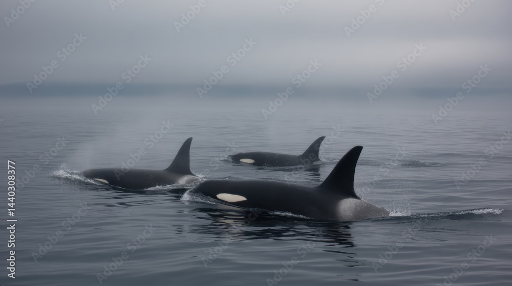 Fototapeta premium Orca Trio: Misty Ocean Surface, Subtle Wake, Coastal Wildlife