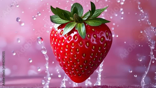 Fresh Strawberry Splashing in Water Against a Pink Background