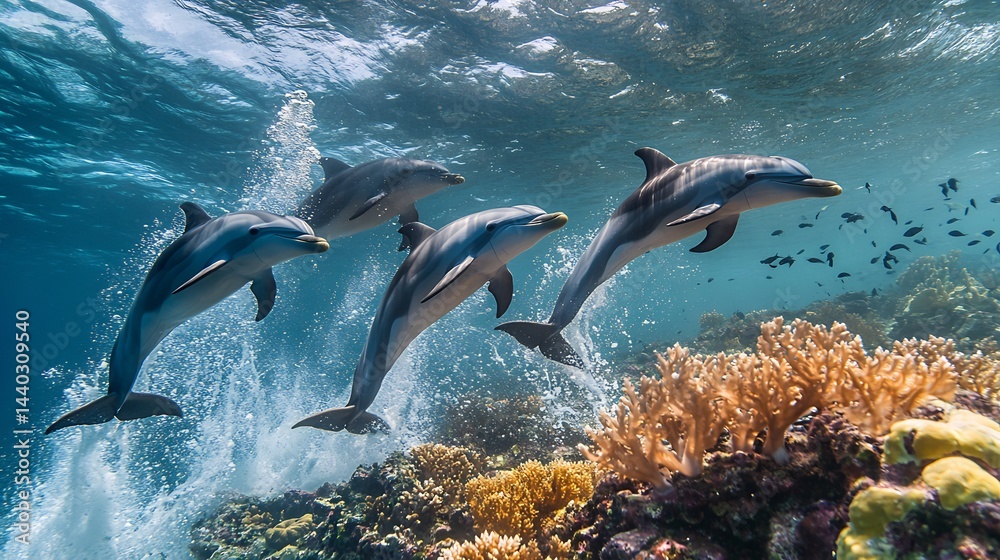 Obraz premium Exciting scene group of dolphins leaping through waves above vibrant coral reef capturing the playful nature of ocean mammals and the richness of marine life cut out on isolated transparent background