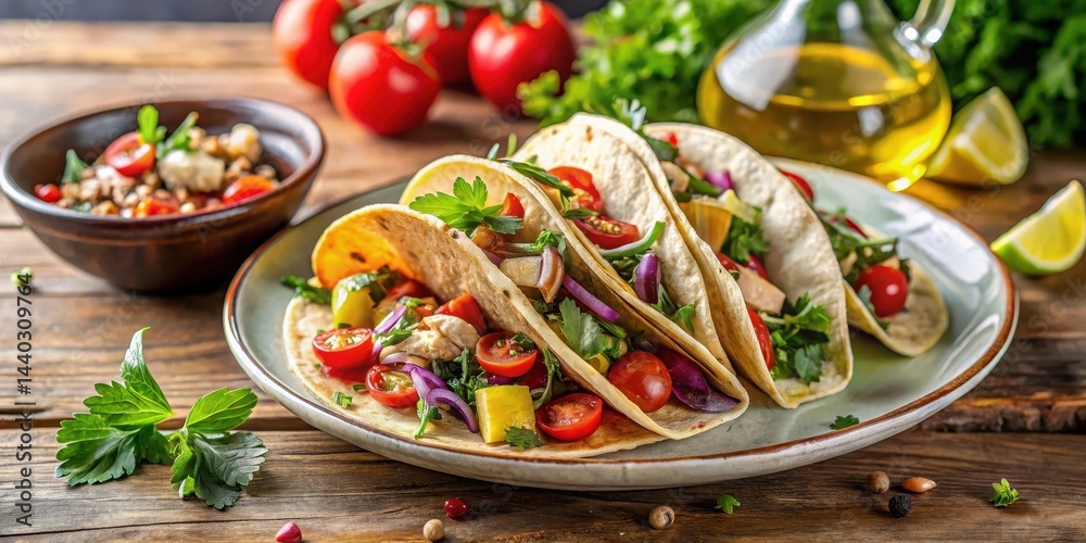 A plate of Italian tacos with a side of crusty bread and olive oil , herbs, food, herbs, food, restaurant A plate of Italian tacos with a side of crusty bread and olive oil , herbs, food, herbs, food, restaurant