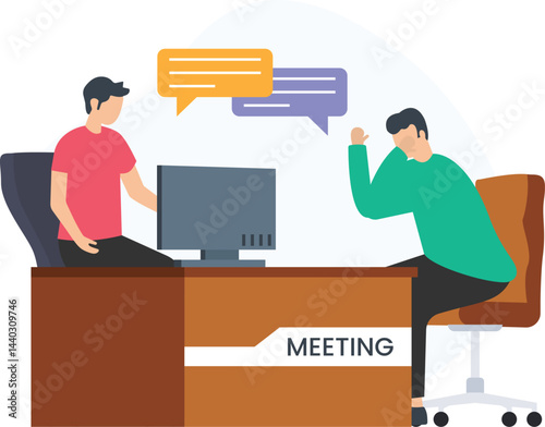 Two businessmen sitting at a desk with a computer, engaging in a meeting marked by gesturing and speech bubbles that indicate disagreement

