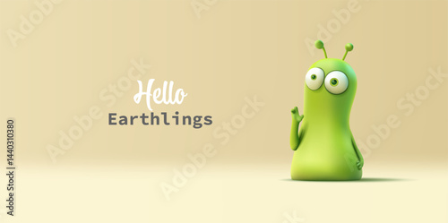 Green 3D character of a friendly alien, extraterrestrial life that greets earthlings. For concepts of fantasy, games, toys, and space adventures. Vector illustration.