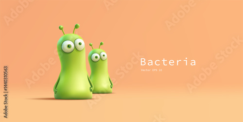 3D character of microorganisms, bacteria, and viruses. Green characters for biology, medicine, antiseptics concepts, and fantasy characters. Vector illustration.