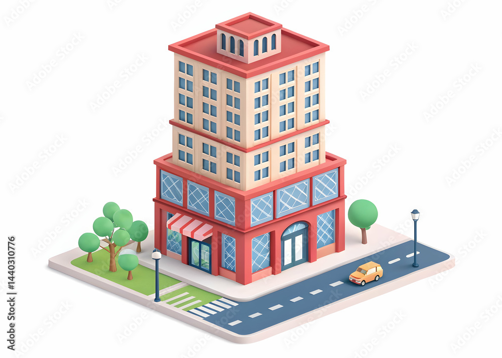 Colorful 3D Building Model with Trees and Street Elements Colorful 3D Building Model with Trees and Street Elements