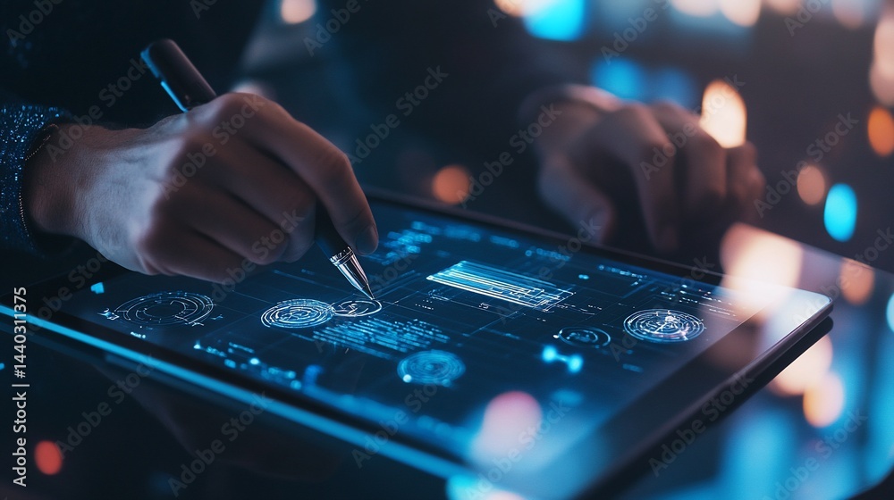 Obraz premium Modern tech interaction: Person digitally drafting on a futuristic tablet interface
