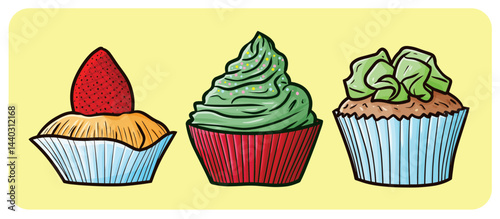 Yummy red and green cupcakes cartoon illustration set