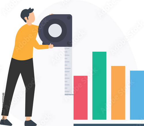 Businessman holding a tape measure and evaluating progress on a colorful bar graph, representing business growth, performance analysis, and achievement measurement

