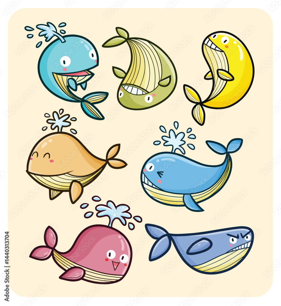 Fototapeta premium Funny and cute whales in many expression cartoon illustration set