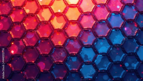 Intricate tessellation of hexagons, vibrant hues, shape, hexagon, modern