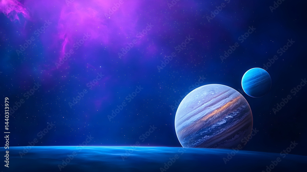 A galaxy spins with planets background