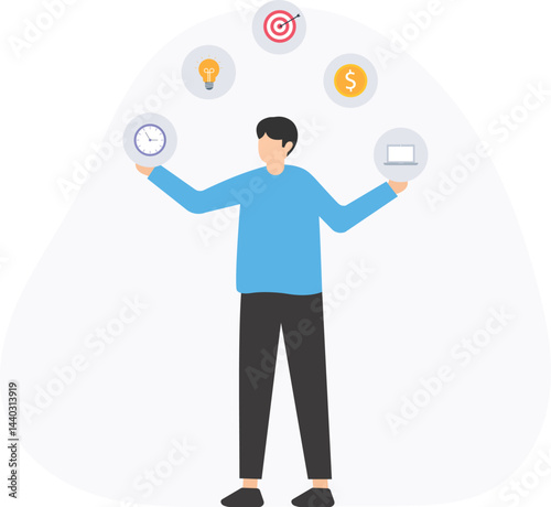 Businessman balancing work, money, ideas and goals, symbolizing effective time management and multitasking in achieving business objectives

