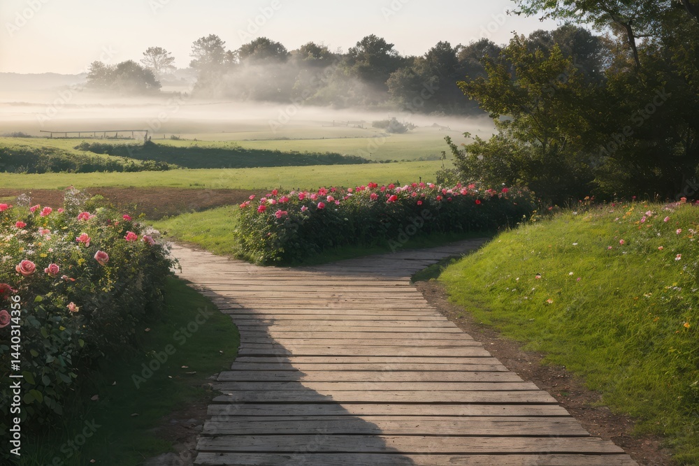 Fototapeta premium Serene Morning Pathway Through Dewy Garden with Vibrant Flower Beds and Misty Landscape in Soft Morning Light