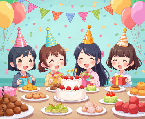 Anime Girls Birthday Party with Cake and Gifts
