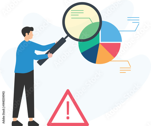 Businessman holding magnifying glass analyzing pie chart with warning sign representing financial risk assessment, market analysis, and potential business challenges

