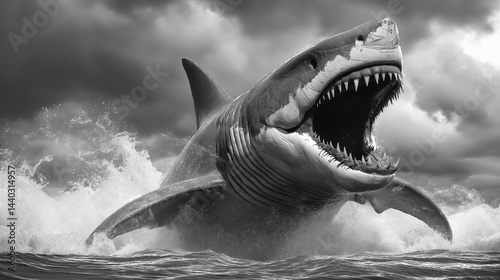 Dramatic black and white image of a great white shark leaping from the ocean with open jaws showing powerful teeth and predatory aggression, Generative AI
