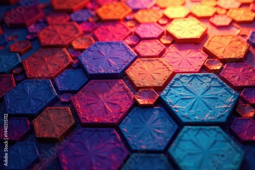 Intricate tessellated hexagons in vibrant hues, vector, backdrop, shape