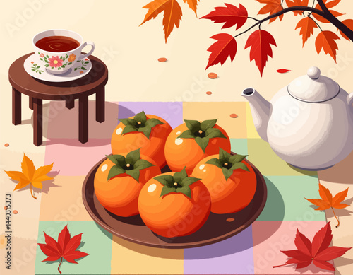 Autumn Persimmons, Tea, and Maple Leaves Still Life