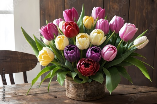 Wallpaper Mural Bright and Colorful Tulip Arrangement in Rustic Wooden Vase with Lush Green Leaves on Vintage Table Background Torontodigital.ca