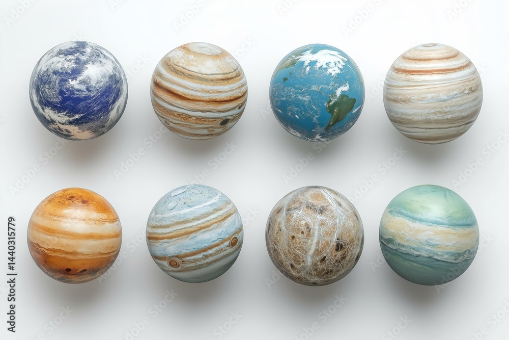 Collection of miniature planet models featuring earth, mars and celestial bodies displayed as educational tools for astronomy and space science learning, Generative AI Collection of miniature planet models featuring earth, mars and celestial bodies displayed as educational tools for astronomy and space science learning, Generative AI