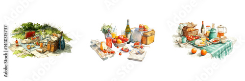 Watercolor Picnic Scene Concept with Food and Drinks Arrangement
