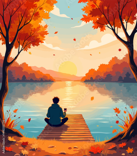 Autumnal Lake Serenity, Person on Dock with Drink