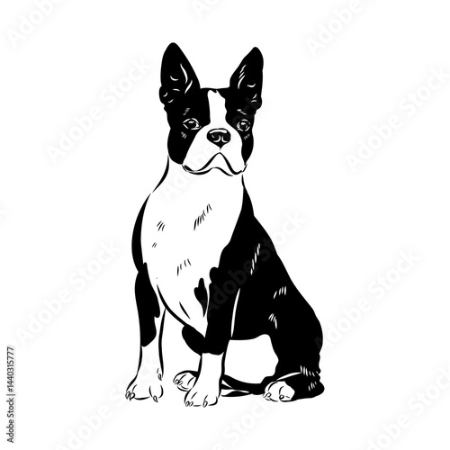 Black and white vector sketch of a fawn Boston Terrier