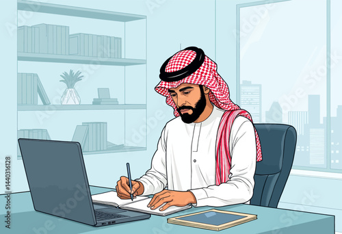 Arab Man Working at Desk with Laptop in Office
