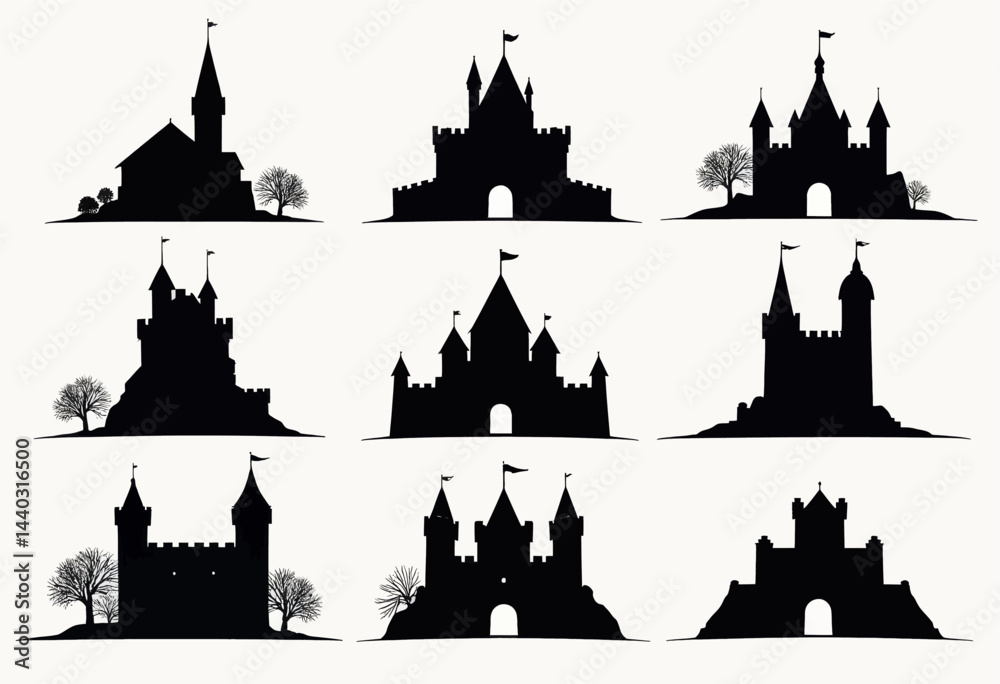 Fototapeta premium Black Castle Silhouette Set with Trees on White