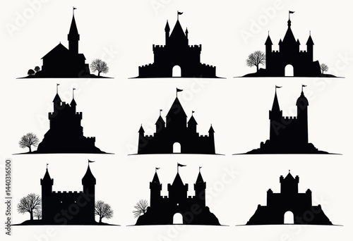 Black Castle Silhouette Set with Trees on White