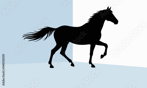 Black horse silhouette on blue and white background