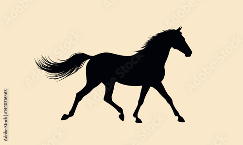 Black Horse Silhouette Trotting on Beige Background