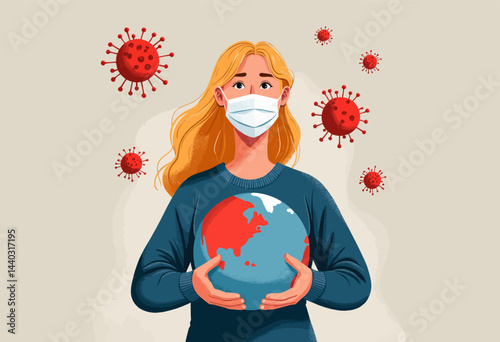 Blonde Woman in Mask Holds Earth Amidst Coronavirus